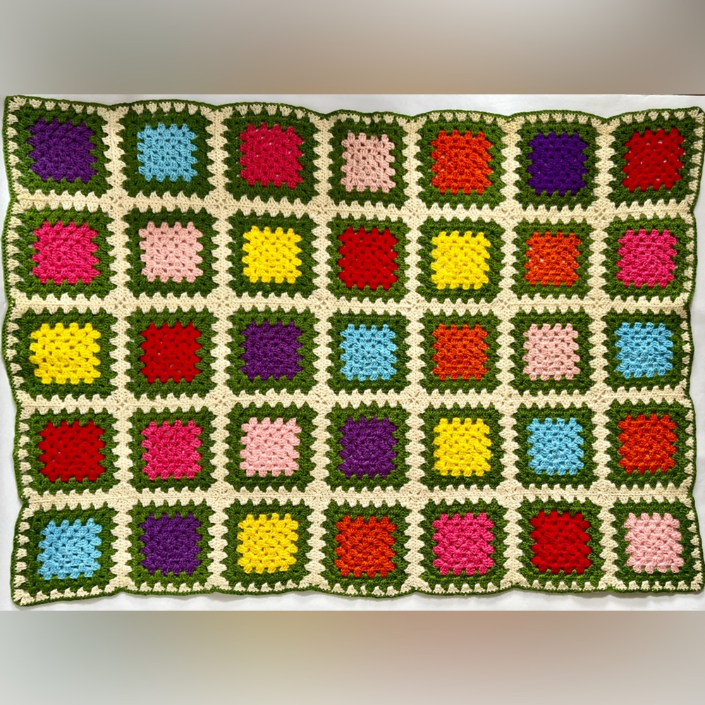 Handmade Retro Crochet Green Multicolor Granny Square Afghan Throw Blanket